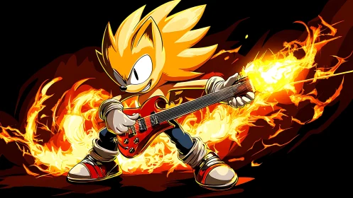 Anthropomorphic hedgehog figure plays electric guitar amid fire