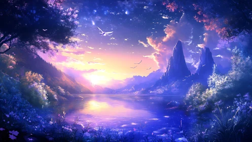 Twilight lake cradles star-kissed peaks in luminous hush.