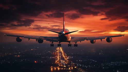 Sunset flight glides gently toward a glowing city runway