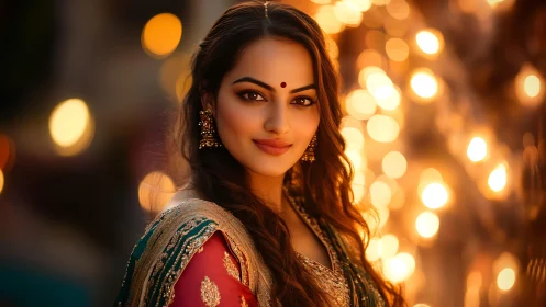 Indian woman in festive attire with warm bokeh lights.
