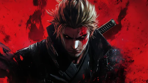 Bloodstained anime swordsman emerges from abstract red void