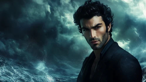 Photorealistic storm portrait with cinematic ocean backdrop.