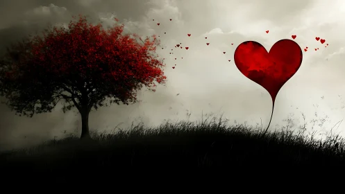 Heart-Shaped Balloon Rises Over Enchanted Landscape.