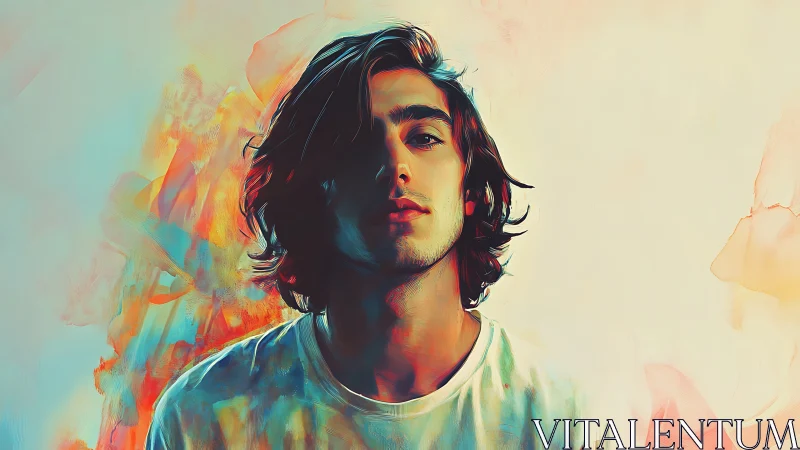 Vibrant digital portrait of young man in diffused color field.