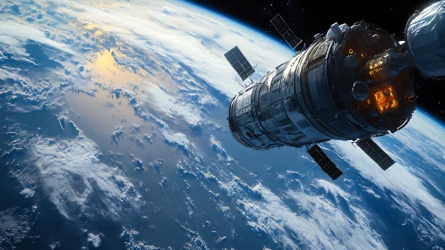 Orbital lantern gliding above Earth’s cloudlit ocean hush.