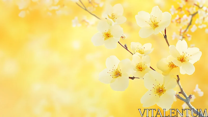 White blossoms branch against diffused yellow background.