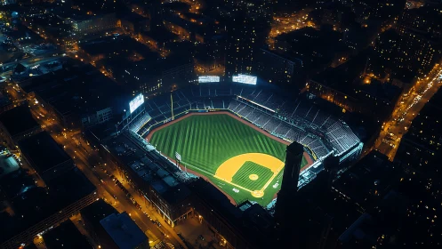 Illuminated baseball stadium aerial view at city night.