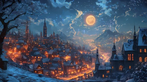 Snowy fantasy city glowing under bright winter moon.
