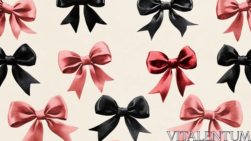 Satin ribbon bows pattern in black and pink on cream ground.