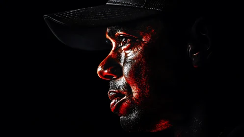 Low-key profile portrait with red rim lighting and cap.