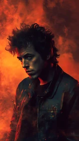 Moody portrait amid blazing orange cinematic smoke.
