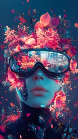 Cybernetic woman with visor surrounded by neon flowers.