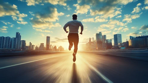 Running toward sunrise along empty futuristic city highway.