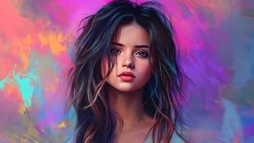 Vibrant digital portrait of young woman in neon haze.