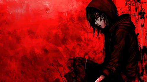 Brooding hooded anime figure against violent red field.