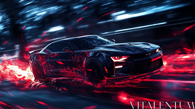 Black sports car accelerates through neon red light trails