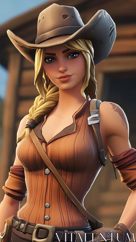 Sunlit cowgirl outlaw with a soft smirk and steady gaze.