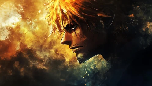 Brooding anime warrior in molten gold and shadowed gloom.