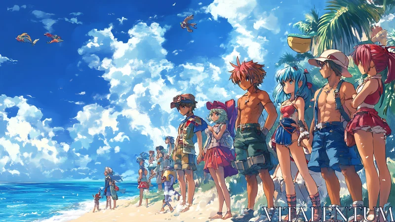 Sunlit anime adventurers gather on a dream-bright tropical shore.
