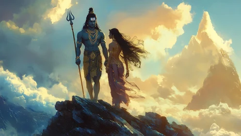 Divine mountain lovers stride through clouds and mythic light.