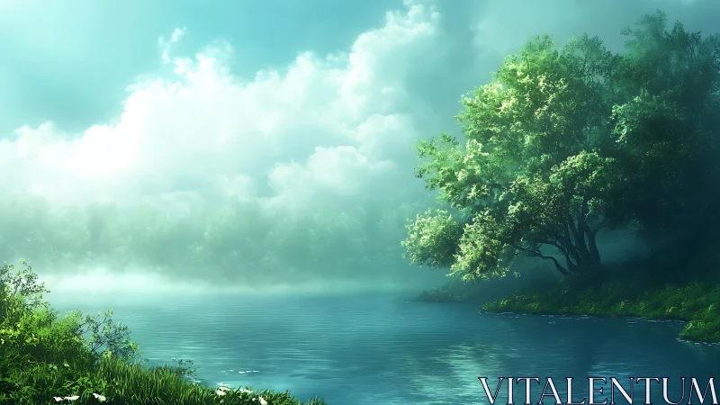 Sunlit mist drifts above tranquil forest lakeshore water.