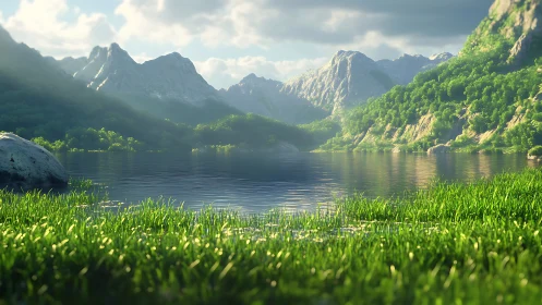 Mountain lake with grass shoreline under soft daylight.