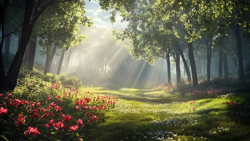 Forest pathway with red flowers and directional sunlight