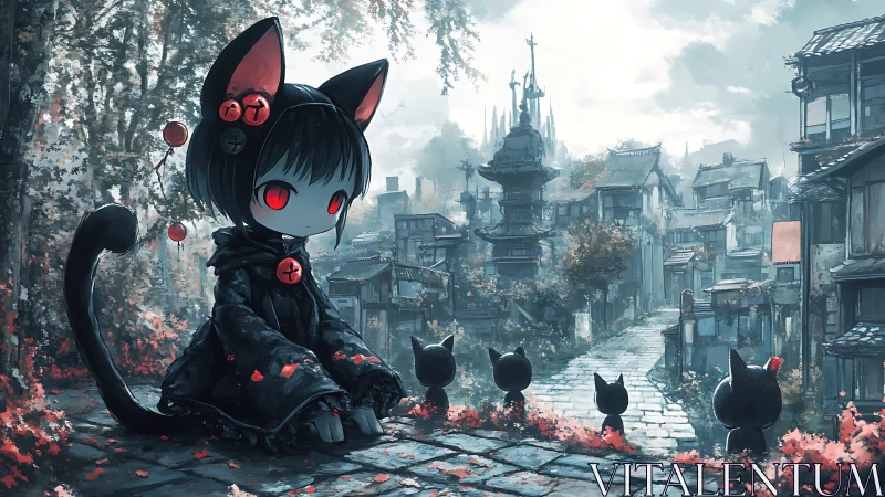 Gothic neko guardian overlooking misty village street scene.