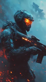 Futuristic infantry operator with glowing visor in firefight