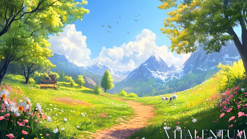 Sunny mountain valley path cuts through blooming wildflower meadow