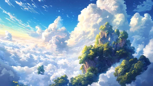 Sunlit floating island drifting gently through soft clouds.