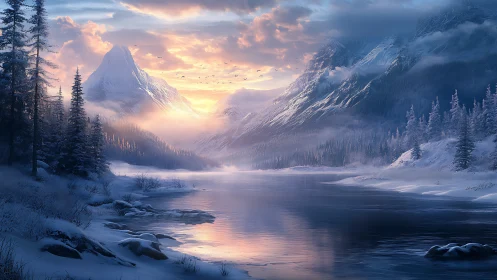 Winter sunrise ignites tranquil snowbound mountain valley