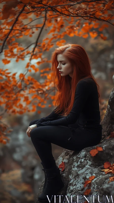 Red haired woman on autumn cliff in moody soft light.