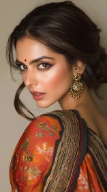Elegant profile portrait in embroidered saffron sari attire.