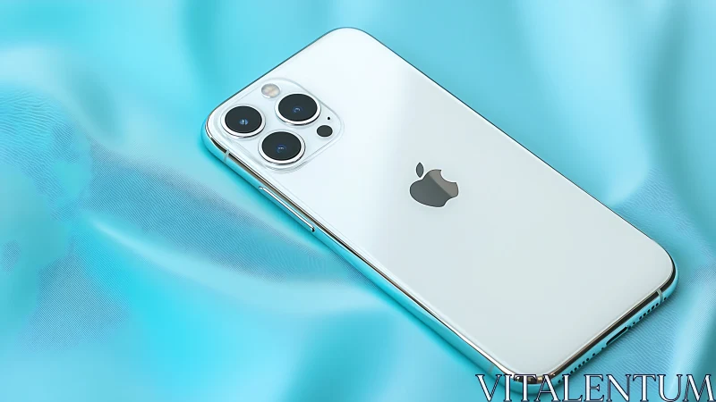 White smartphone with triple camera module on turquoise surface