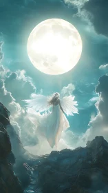 Moonlit angel ascends through radiant clouds toward heaven.