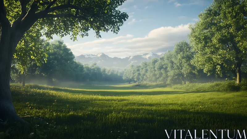 Alpine Valley Landscape Framed by Ancient Trees.