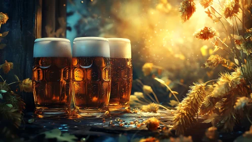 Three beer mugs on rustic table with hops and warm light.