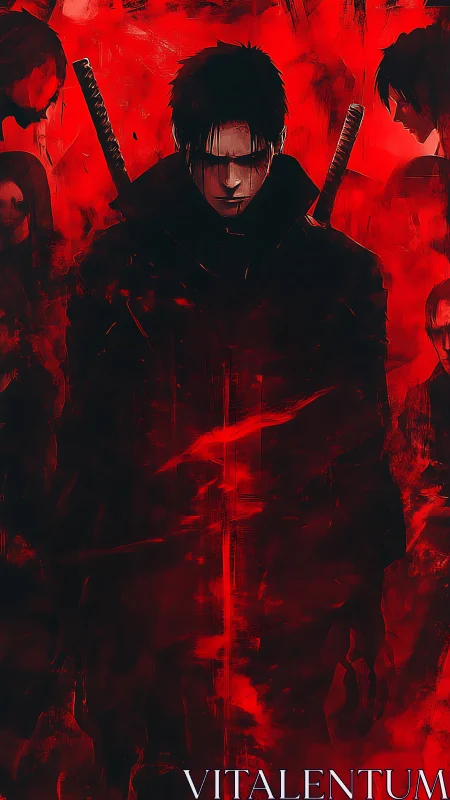 Dark swordsman silhouette in blood red abstract storm.