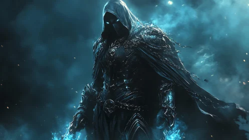 Hooded wraith warrior channels blue spectral flame power.