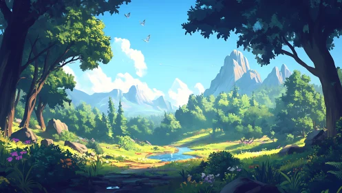 Digital fantasy landscape with mountains, forest, and meadow valley scene