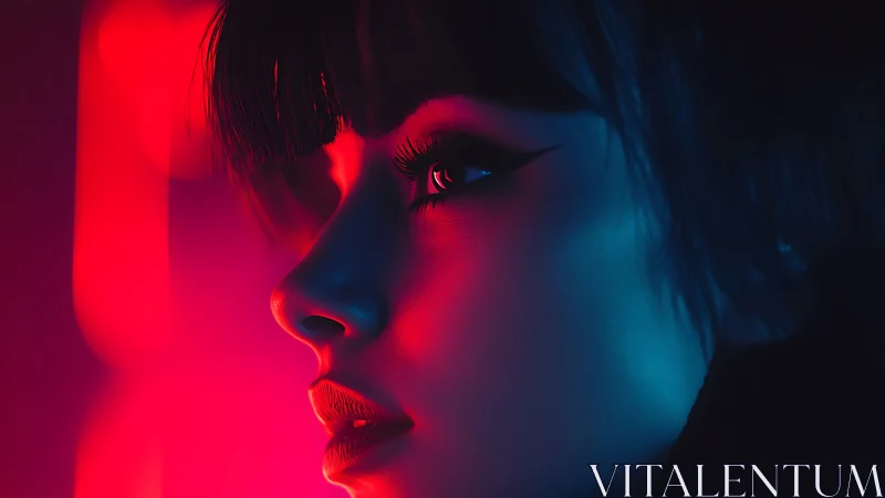Side profile of woman in red and blue neon lighting.