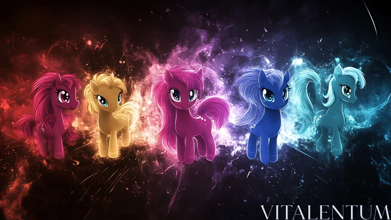 Colorful cartoon ponies with glowing elemental auras.