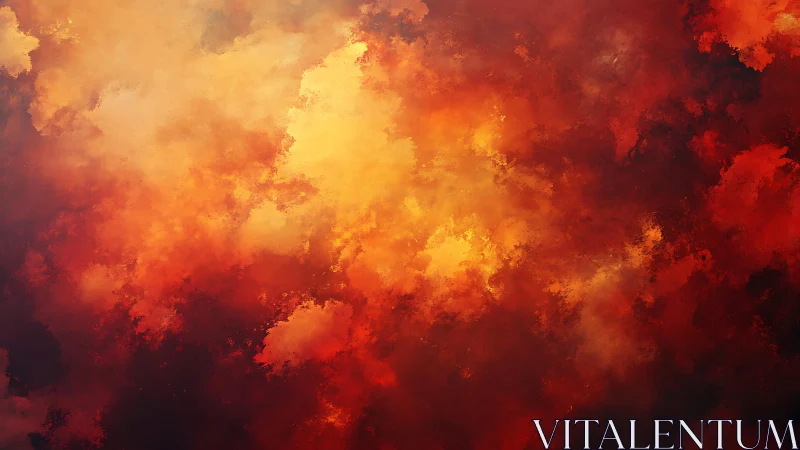 Fiery Abstract Cloudscape in Warm Red and Gold Hues, Digital Art.