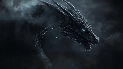 Stormforged shadow dragon erupts from midnight fogscape.