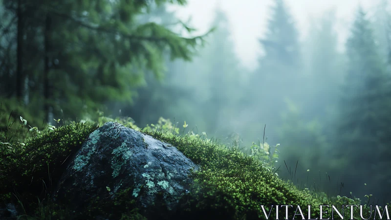 Moss-covered stone in misty forest clearing with depth gradient