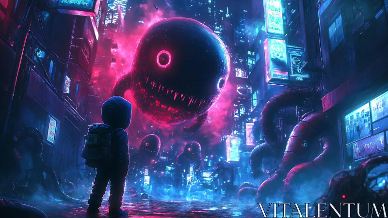 Neon kaiju entities confront a lone child in cyberpunk alley