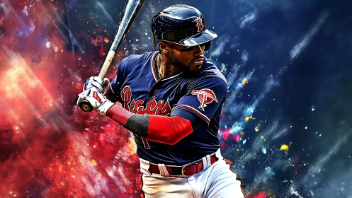 Baseball batter in navy uniform against bold color burst