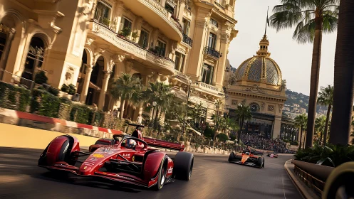 Low-angle Monaco street circuit shot with dynamic F1 chassis motion