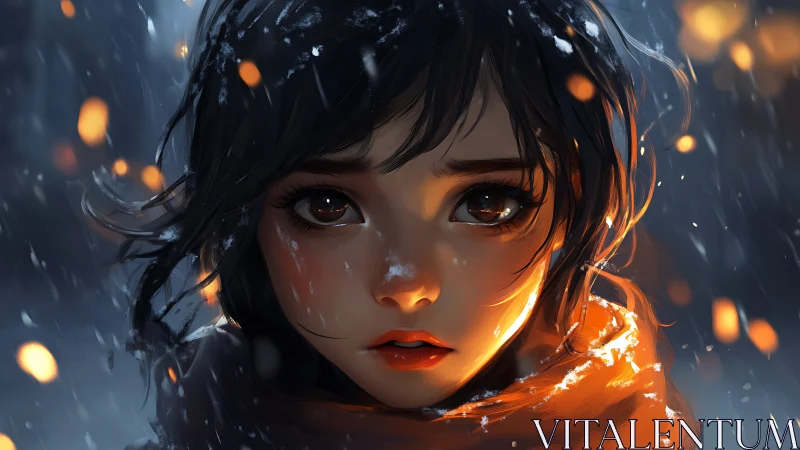 Girl&rsquo;s face illuminated by warm light in falling snow